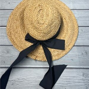 Stylish Rafia Wide Braid black ribbon woven straw hat